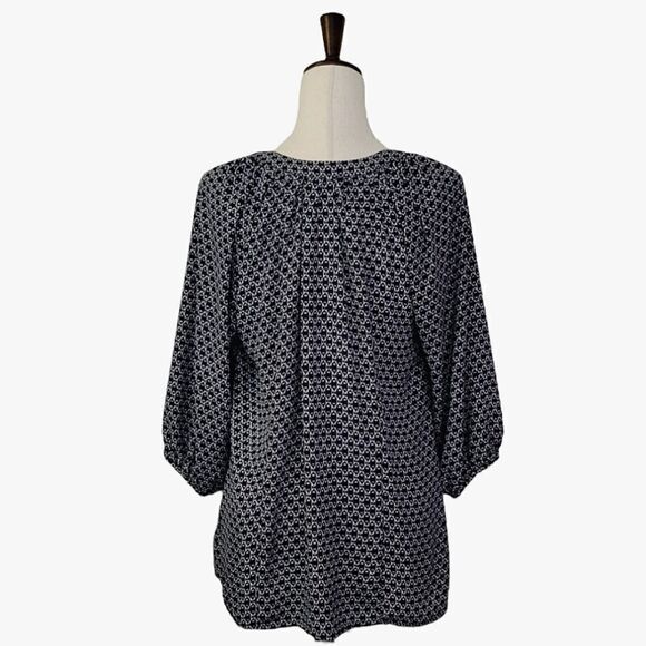 Dalia Collection Navy Blue Patterned Split Neck 3/4 Sleeve Chiffon Blouse Size M - Picture 4 of 10